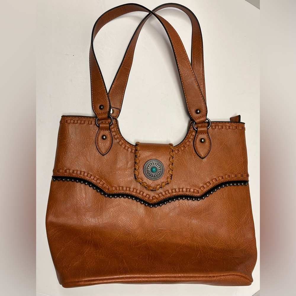 Sam & HadleyWestern Cognac Faux Leather Shoulder Bag Turquoise Whipstitch Tote